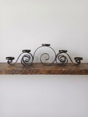 Wrought Iron Candelabra Centerpiece Black Scrollwork Tiered Candle Holder 5-Arm